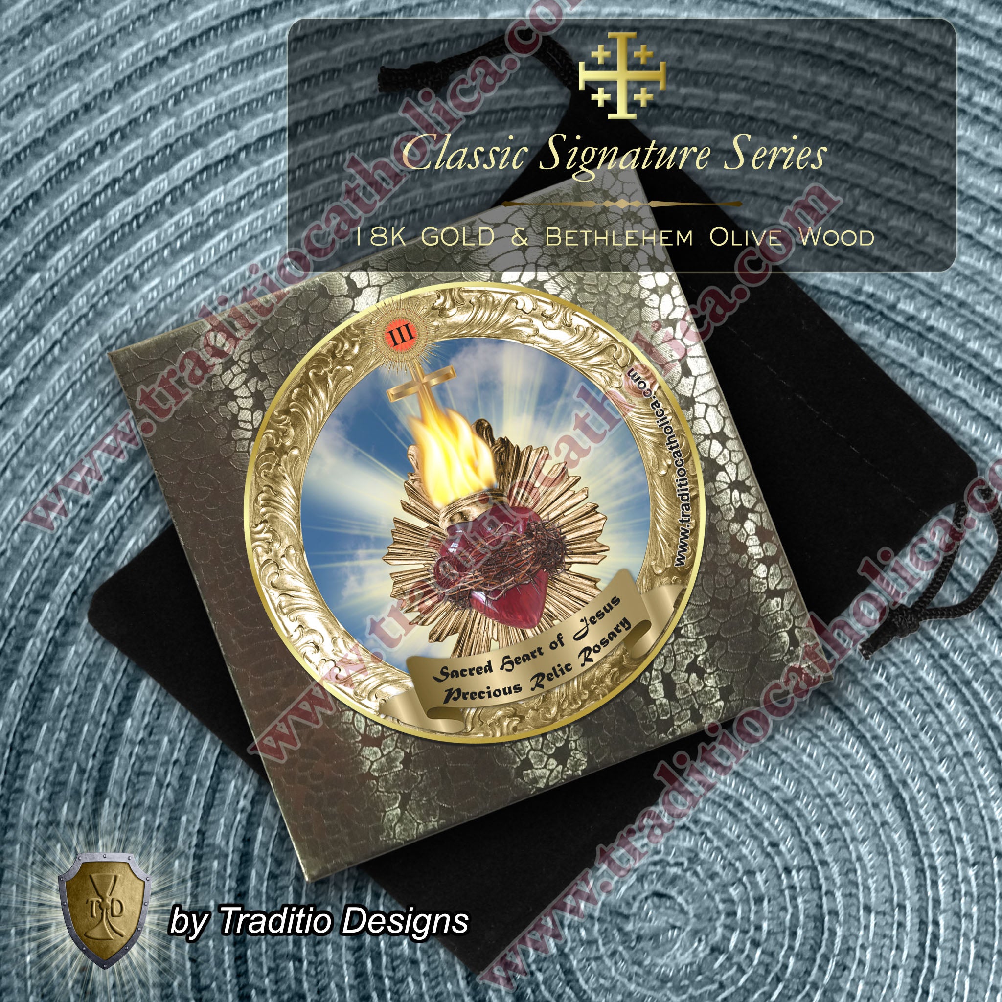 Sacred Heart Limited Edition Classic Relic Rosary | 18K Gold & Silver | Bethlehem Olive Wood & Ruby Jade | 3rd Class Relic of Our Lord (21 Touch-Points)