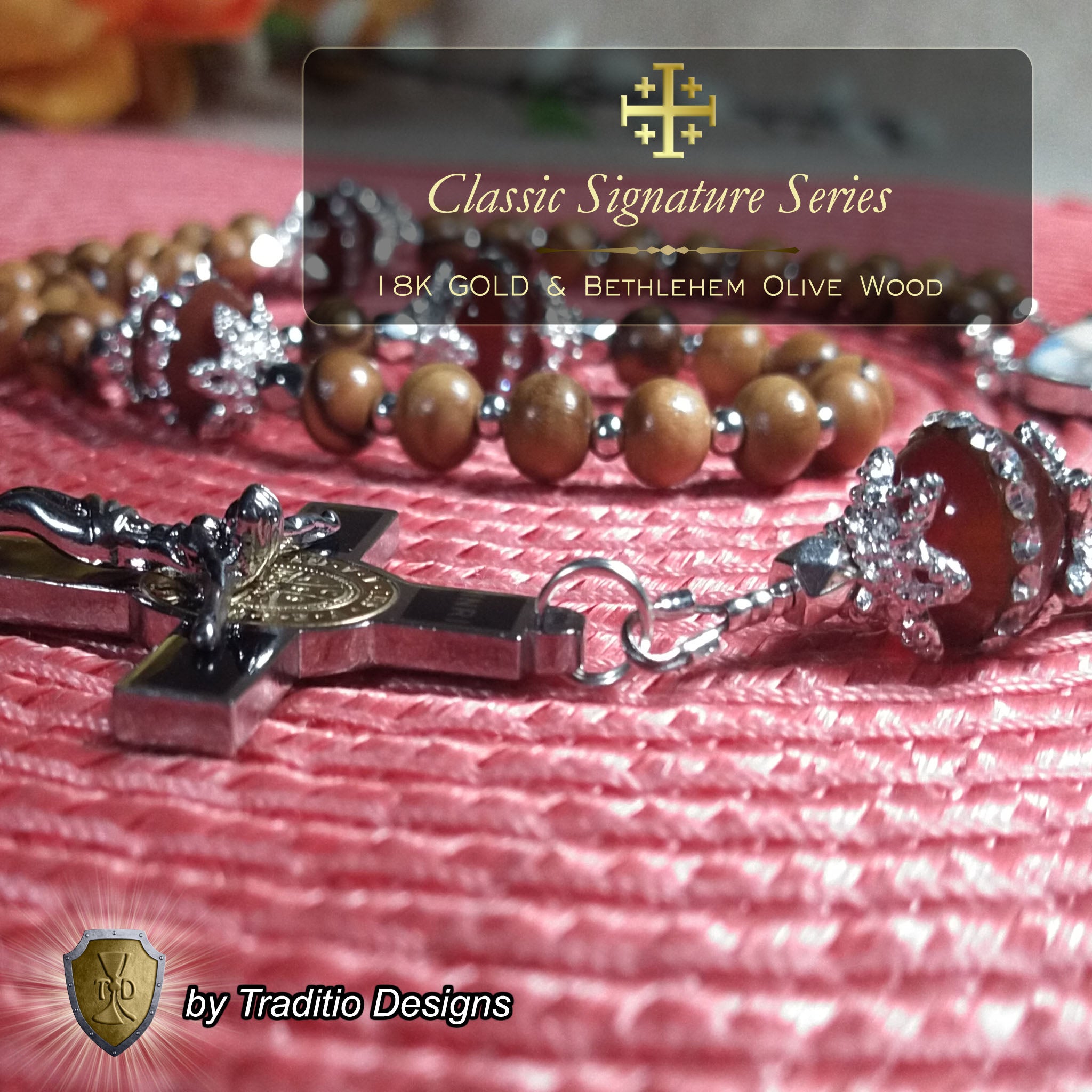 Sacred Heart Limited Edition Classic Relic Rosary | 18K Gold & Silver | Bethlehem Olive Wood & Ruby Jade | 3rd Class Relic of Our Lord (21 Touch-Points)