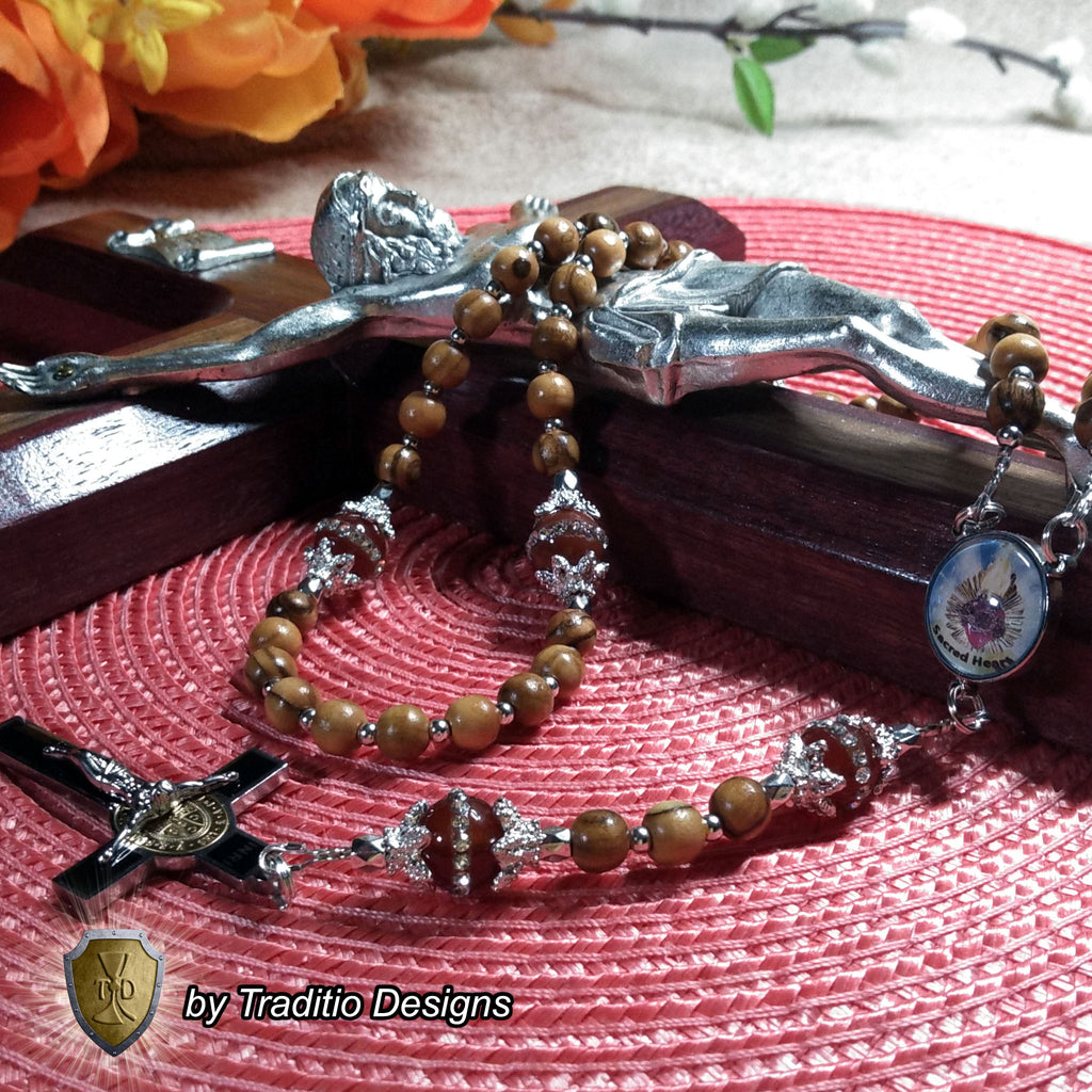Sacred Heart Limited Edition Classic Relic Rosary | 18K Gold & Silver | Bethlehem Olive Wood & Ruby Jade | 3rd Class Relic of Our Lord (21 Touch-Points)