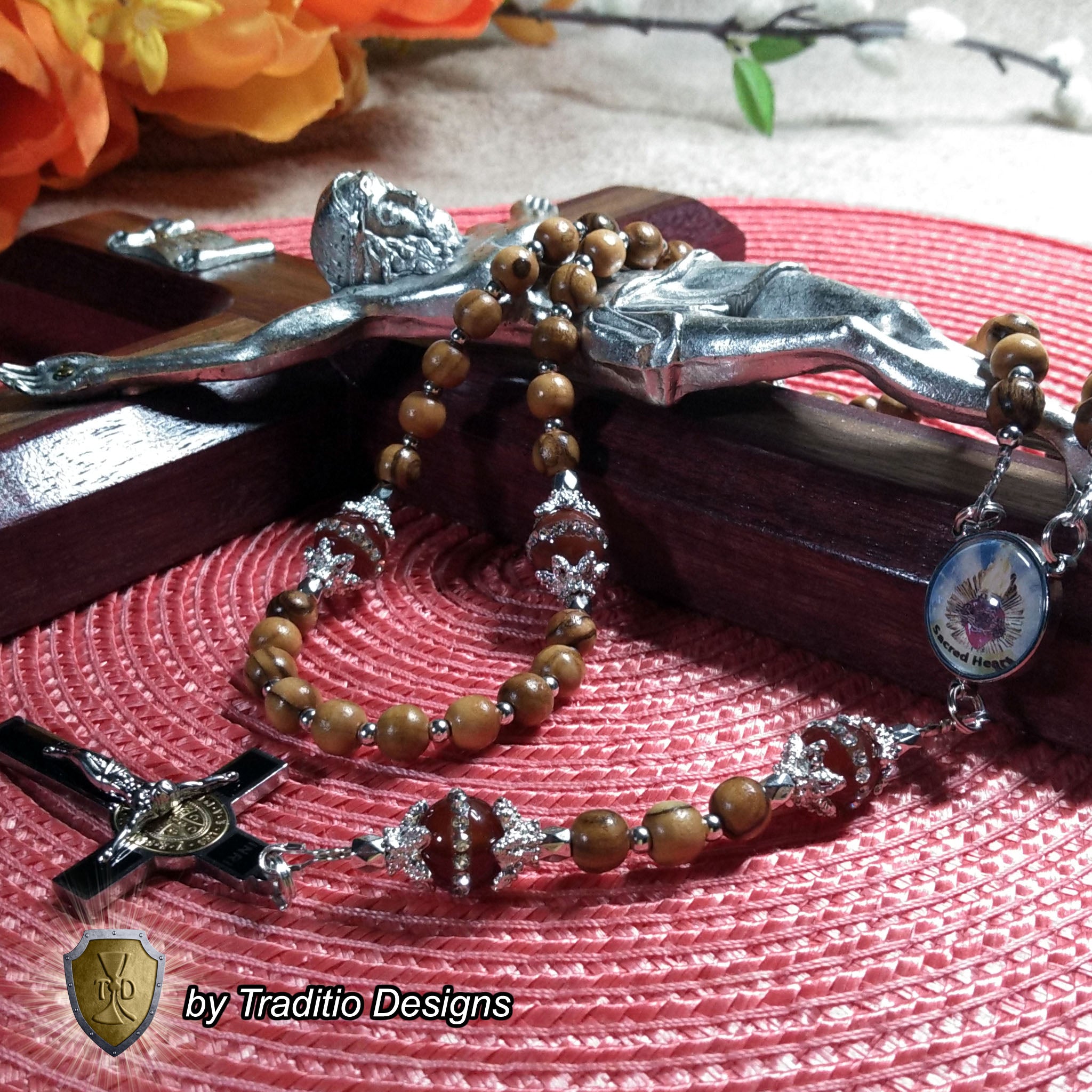 Sacred Heart Limited Edition Classic Relic Rosary | 18K Gold & Silver | Bethlehem Olive Wood & Ruby Jade | 3rd Class Relic of Our Lord (21 Touch-Points)