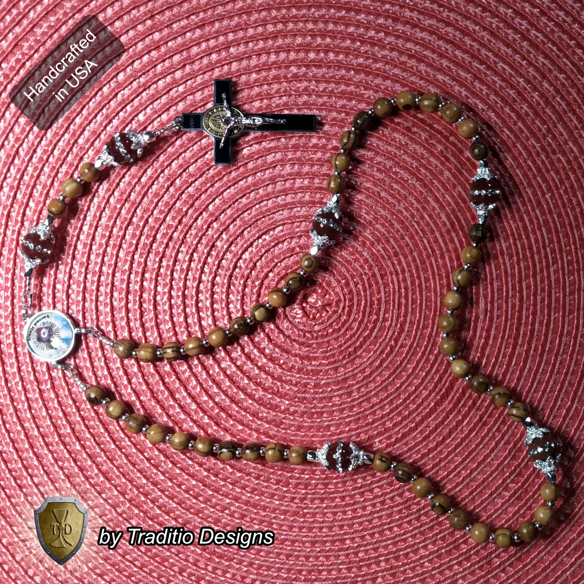 Sacred Heart Limited Edition Classic Relic Rosary | 18K Gold & Silver | Bethlehem Olive Wood & Ruby Jade | 3rd Class Relic of Our Lord (21 Touch-Points)