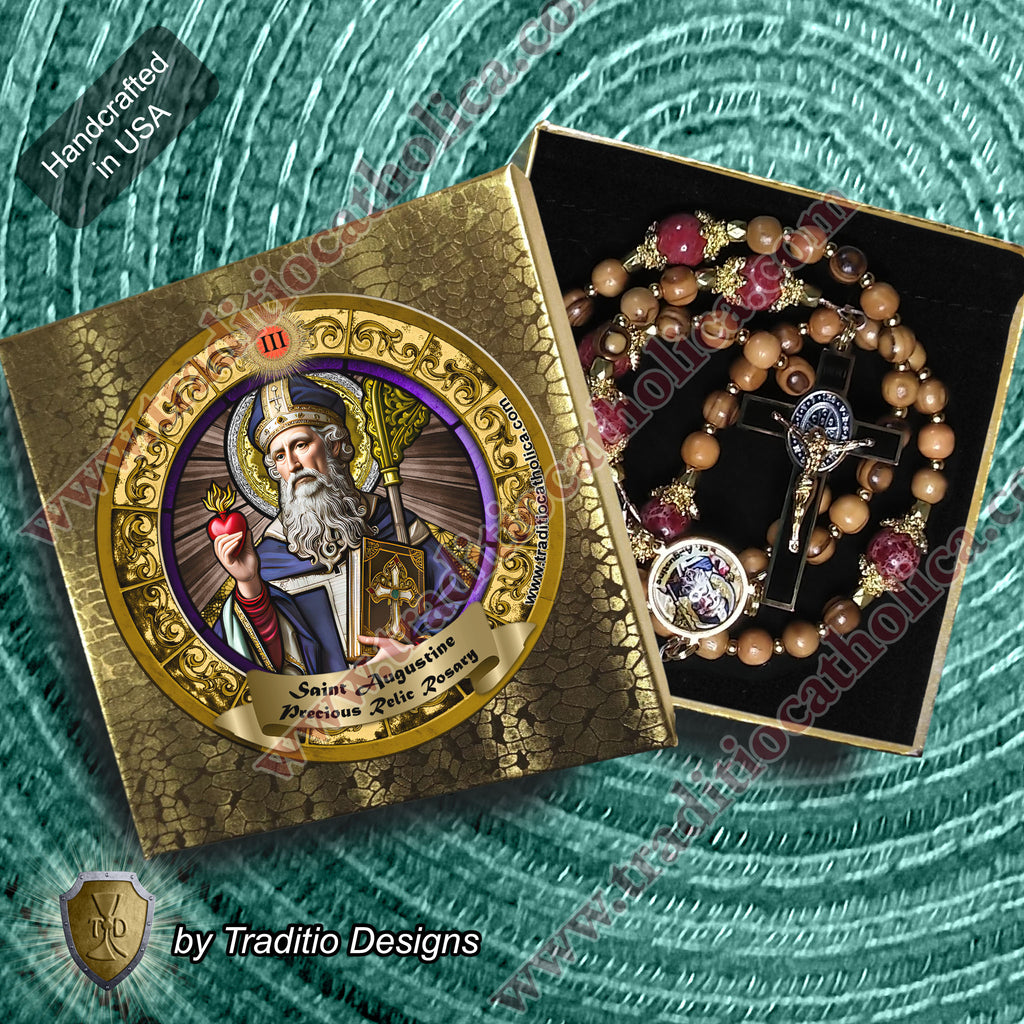 St. Augustine Limited Edition Classic Relic Rosary | 18K Gold & Onyx Black Gold | Sore Eyes, Sore Throats & Recovery from Vice | Bethlehem Olive Wood & Emperor Jasper | 3rd Class Relic