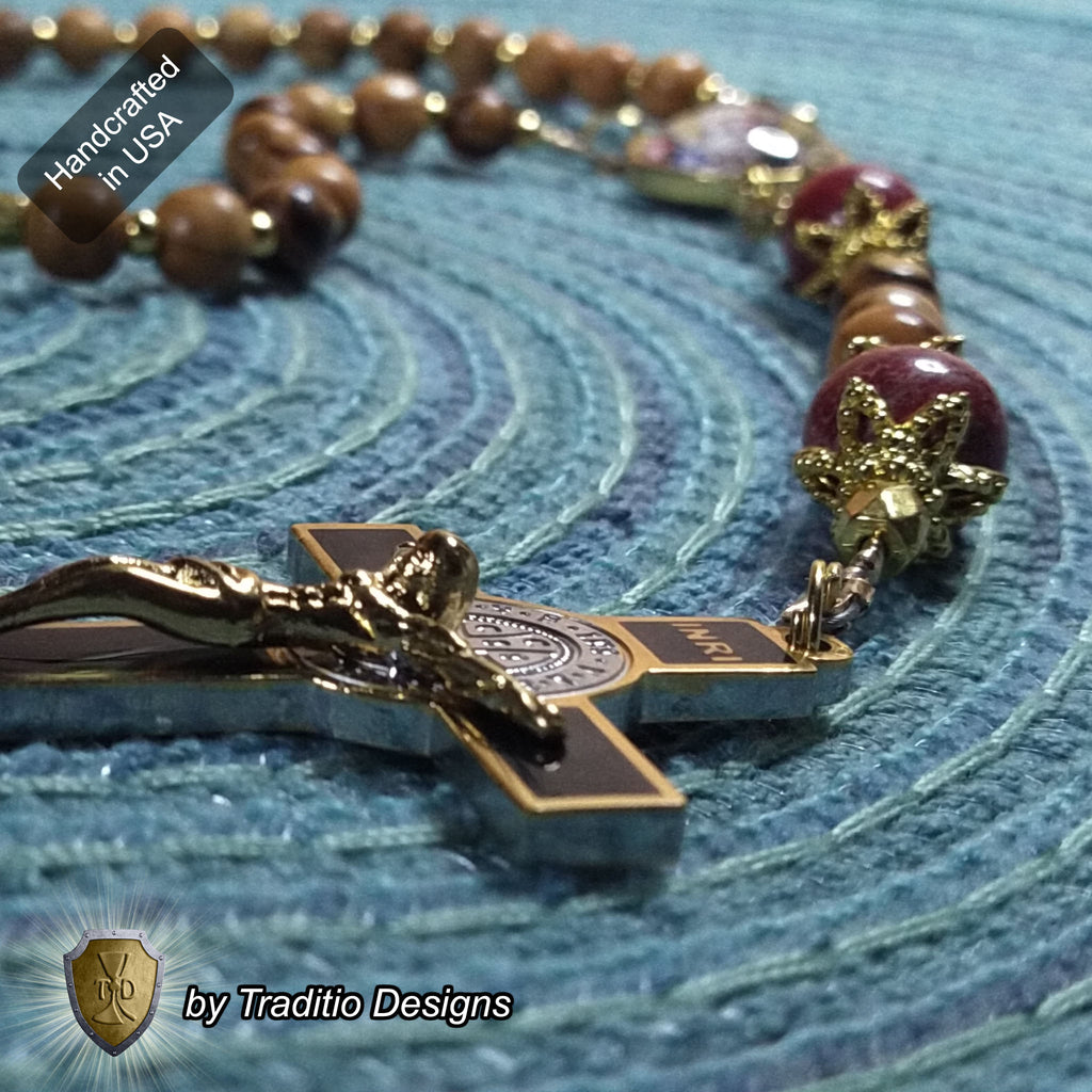 St. Augustine Limited Edition Classic Relic Rosary | 18K Gold & Onyx Black Gold | Sore Eyes, Sore Throats & Recovery from Vice | Bethlehem Olive Wood & Emperor Jasper | 3rd Class Relic