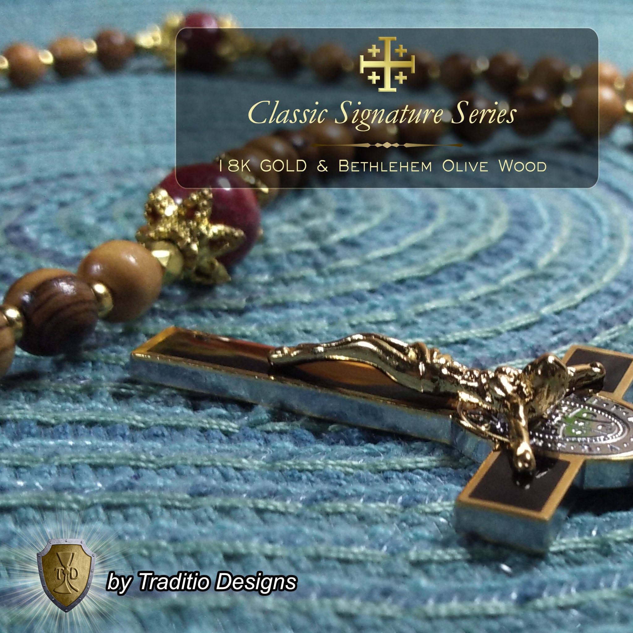 St. Augustine Limited Edition Classic Relic Rosary | 18K Gold & Onyx Black Gold | Sore Eyes, Sore Throats & Recovery from Vice | Bethlehem Olive Wood & Emperor Jasper | 3rd Class Relic