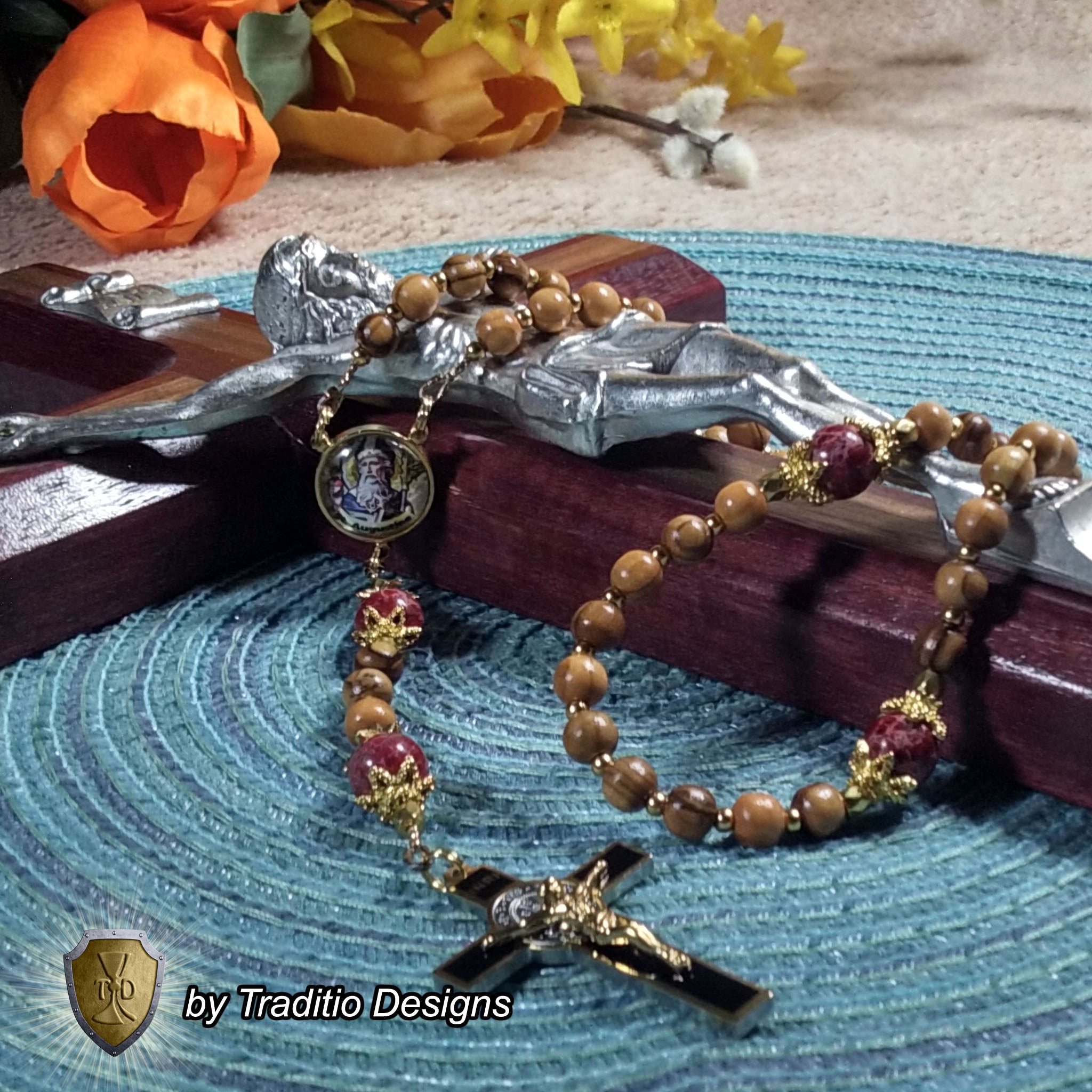 St. Augustine Limited Edition Classic Relic Rosary | 18K Gold & Onyx Black Gold | Sore Eyes, Sore Throats & Recovery from Vice | Bethlehem Olive Wood & Emperor Jasper | 3rd Class Relic