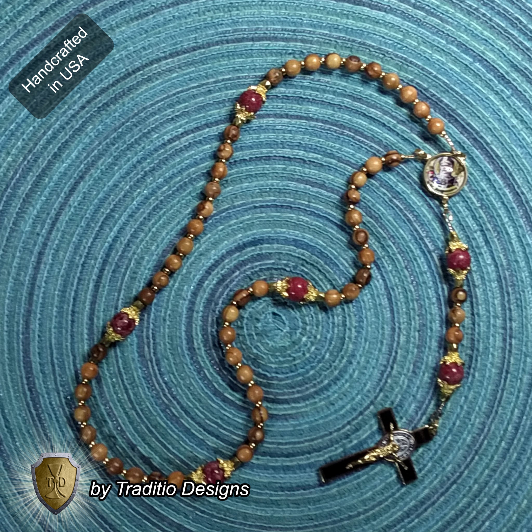 St. Augustine Limited Edition Classic Relic Rosary | 18K Gold & Onyx Black Gold | Sore Eyes, Sore Throats & Recovery from Vice | Bethlehem Olive Wood & Emperor Jasper | 3rd Class Relic