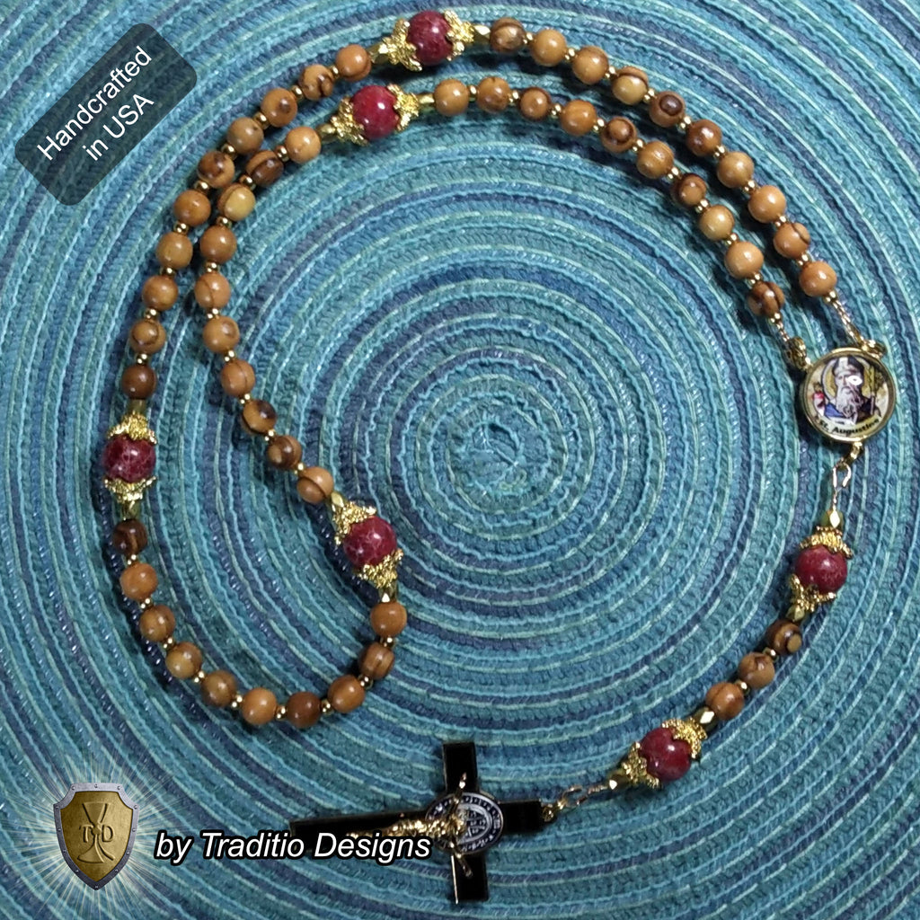 St. Augustine Limited Edition Classic Relic Rosary | 18K Gold & Onyx Black Gold | Sore Eyes, Sore Throats & Recovery from Vice | Bethlehem Olive Wood & Emperor Jasper | 3rd Class Relic