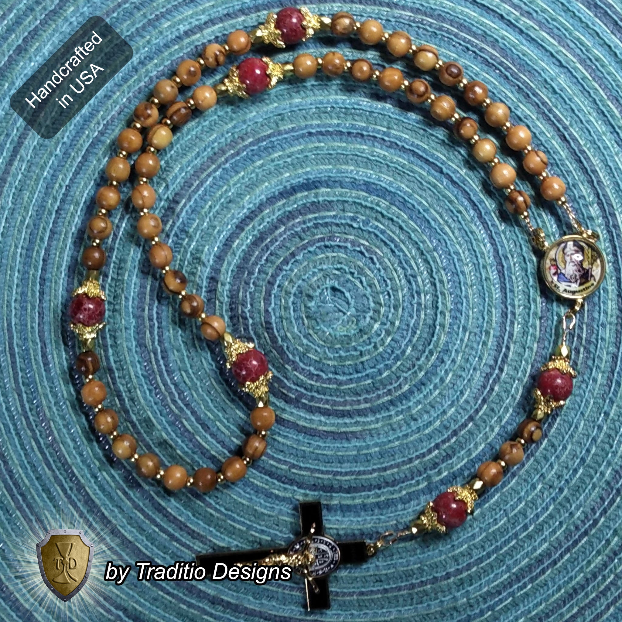 St. Augustine Limited Edition Classic Relic Rosary | 18K Gold & Onyx Black Gold | Sore Eyes, Sore Throats & Recovery from Vice | Bethlehem Olive Wood & Emperor Jasper | 3rd Class Relic