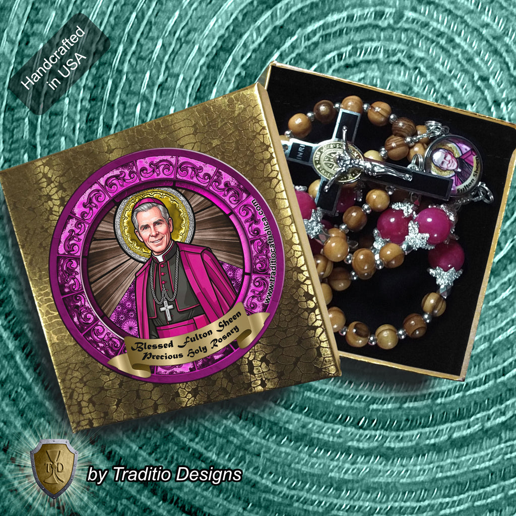 Bl. Fulton J. Sheen Limited Edition Classic Rosary | Infant Health, Heart Relief & Broadcasters | 18K Gold & Onyx Black Gold | Bethlehem Olive Wood & Red Jade