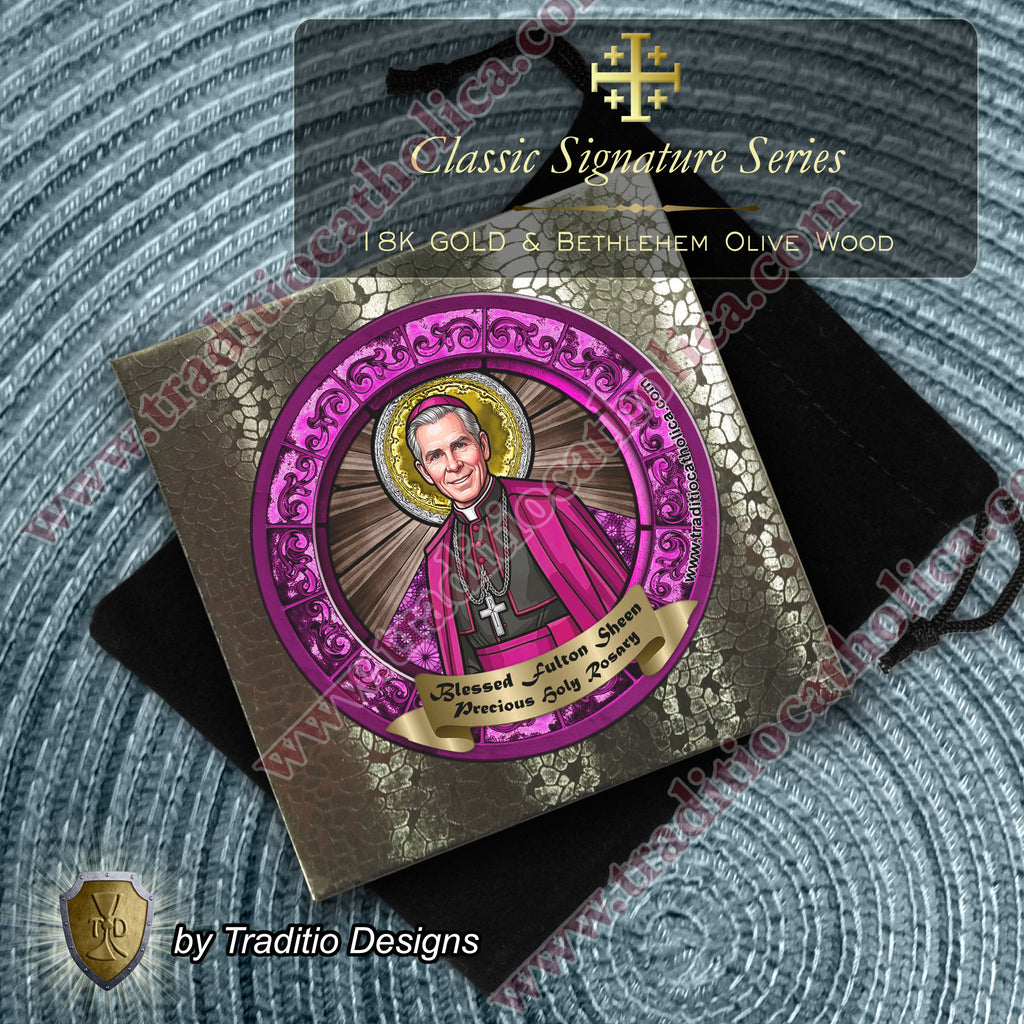 Bl. Fulton J. Sheen Limited Edition Classic Rosary | Infant Health, Heart Relief & Broadcasters | 18K Gold & Onyx Black Gold | Bethlehem Olive Wood & Red Jade