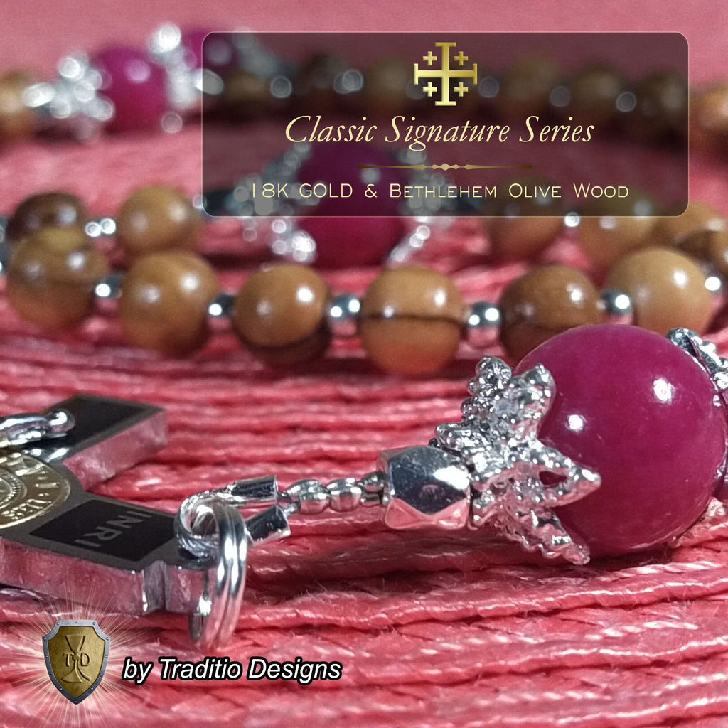 Bl. Fulton J. Sheen Limited Edition Classic Rosary | Infant Health, Heart Relief & Broadcasters | 18K Gold & Onyx Black Gold | Bethlehem Olive Wood & Red Jade