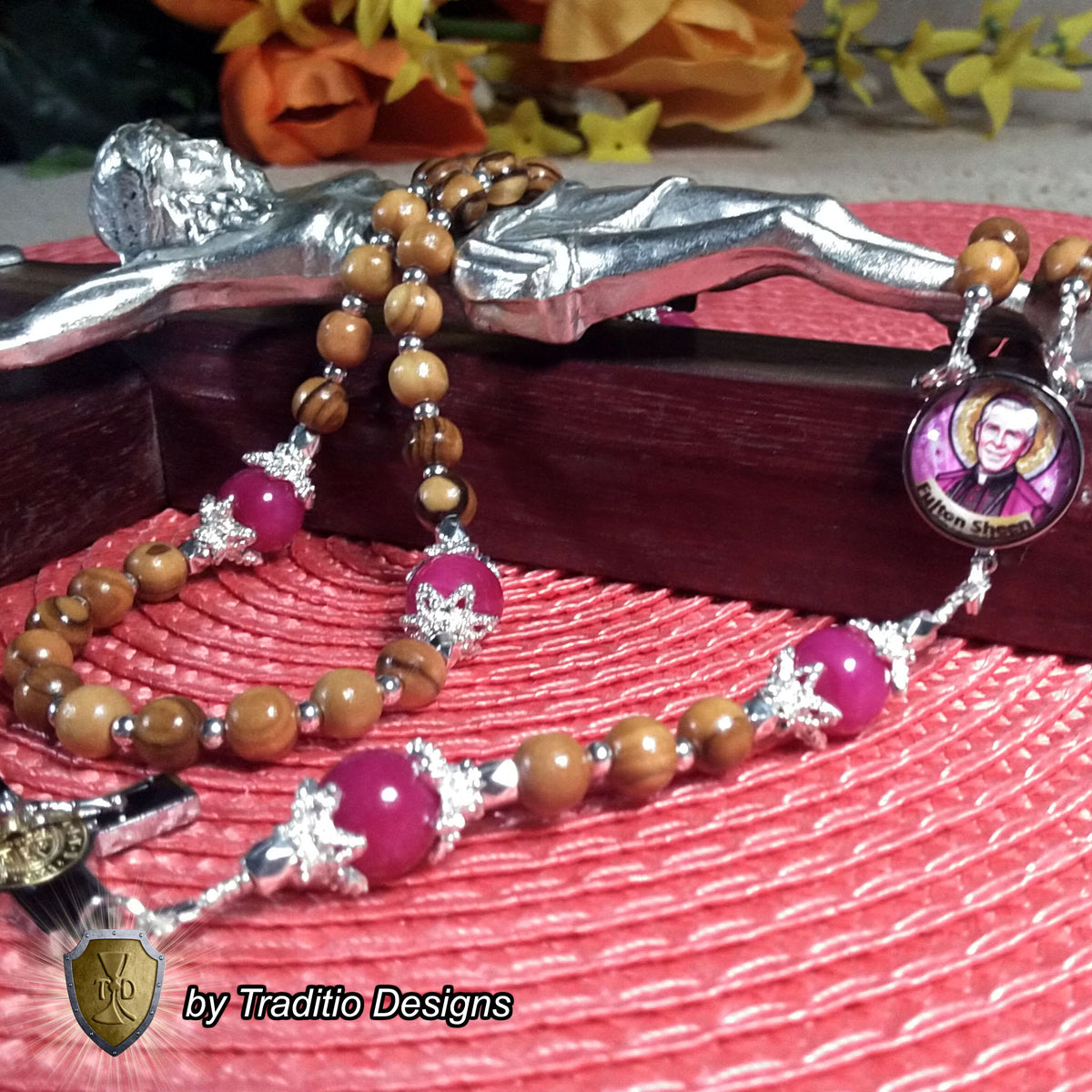 Bl. Fulton J. Sheen Limited Edition Classic Rosary | Infant Health, Heart Relief & Broadcasters | 18K Gold & Onyx Black Gold | Bethlehem Olive Wood & Red Jade