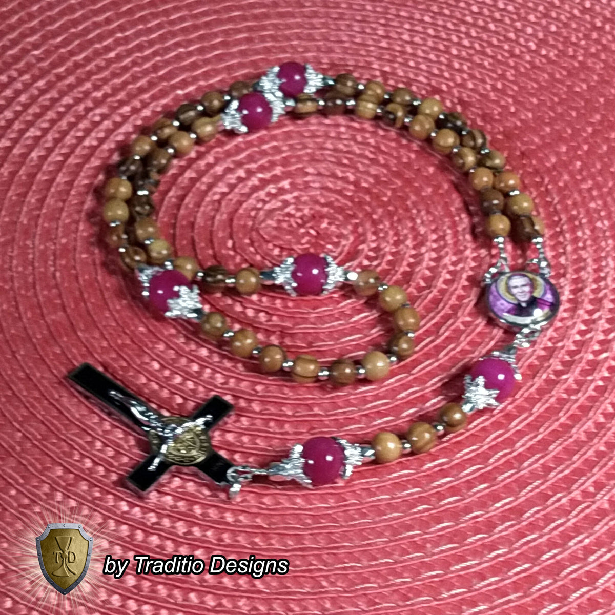 Bl. Fulton J. Sheen Limited Edition Classic Rosary | Infant Health, Heart Relief & Broadcasters | 18K Gold & Onyx Black Gold | Bethlehem Olive Wood & Red Jade