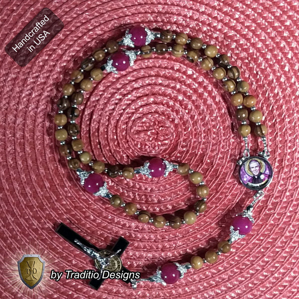Bl. Fulton J. Sheen Limited Edition Classic Rosary | Infant Health, Heart Relief & Broadcasters | 18K Gold & Onyx Black Gold | Bethlehem Olive Wood & Red Jade