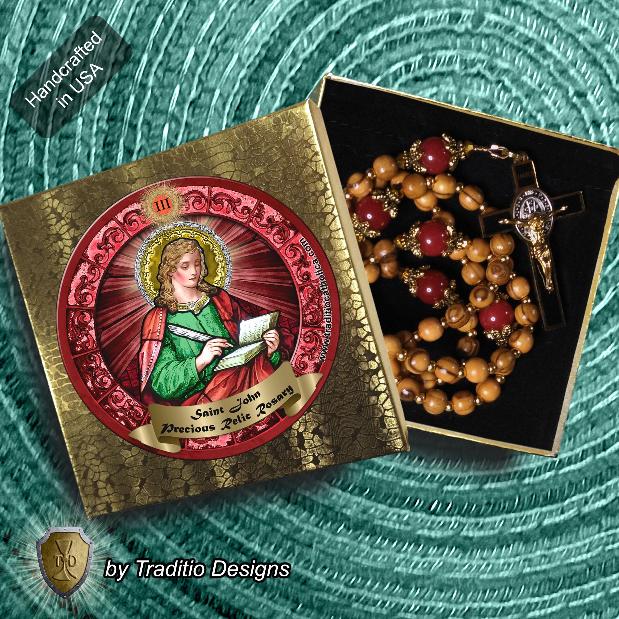 St. John the Evangelist Limited Edition Classic Relic Rosary | 18K Gold & Bethlehem Olive Wood | Burns, Epilepsy & Protection | Ruby Red Jade | 3rd Class Relic