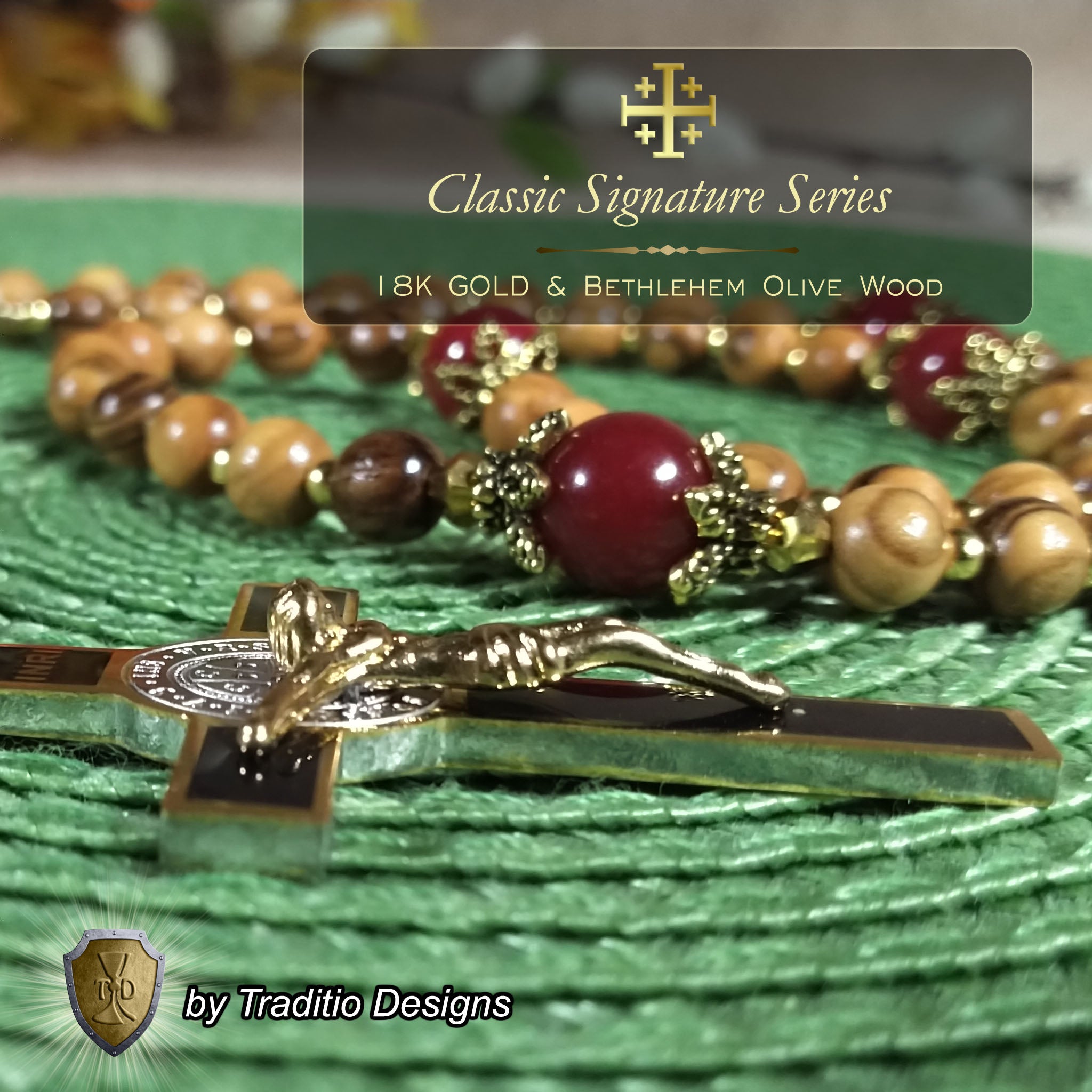 St. John the Evangelist Limited Edition Classic Relic Rosary | 18K Gold & Bethlehem Olive Wood | Burns, Epilepsy & Protection | Ruby Red Jade | 3rd Class Relic