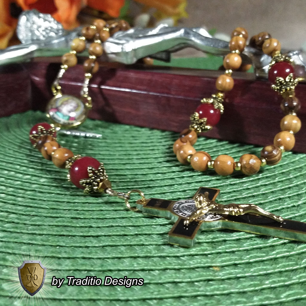 St. John the Evangelist Limited Edition Classic Relic Rosary | 18K Gold & Bethlehem Olive Wood | Burns, Epilepsy & Protection | Ruby Red Jade | 3rd Class Relic