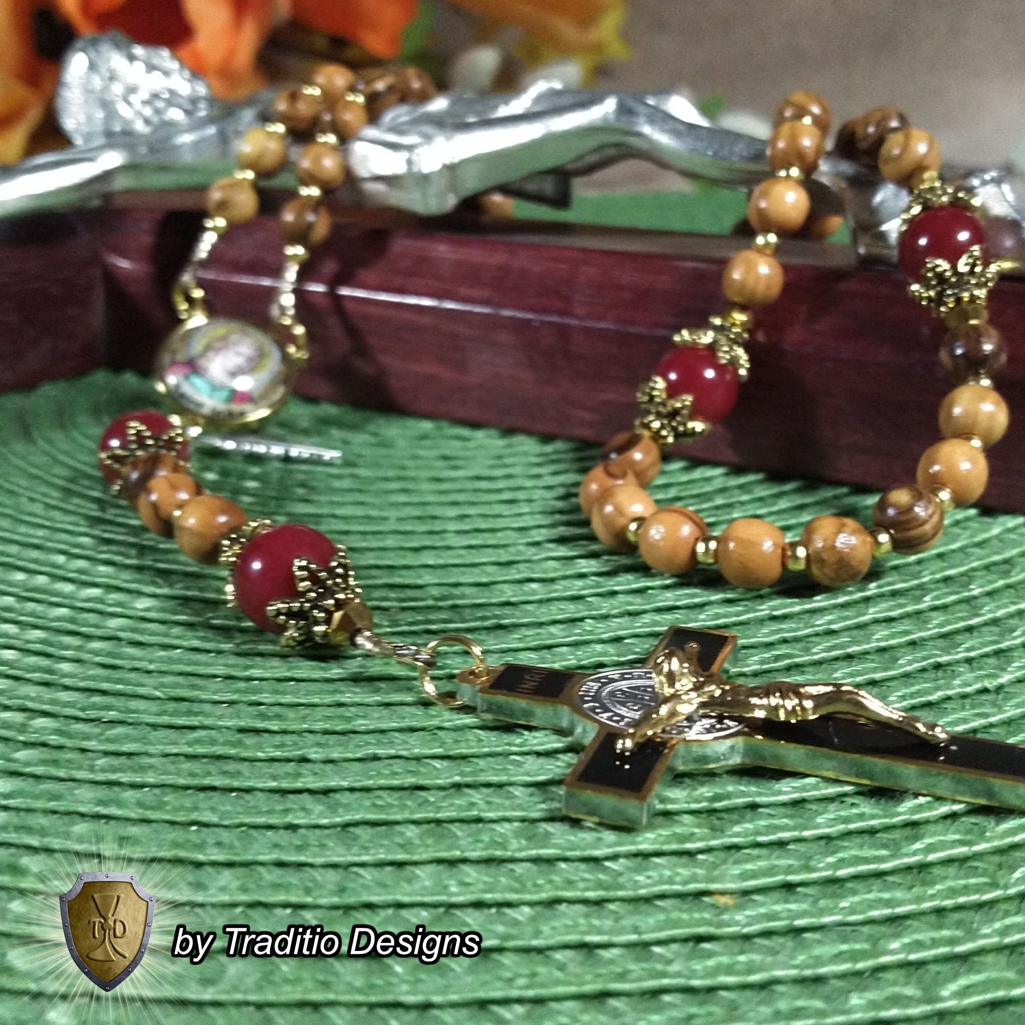 St. John the Evangelist Limited Edition Classic Relic Rosary | 18K Gold & Bethlehem Olive Wood | Burns, Epilepsy & Protection | Ruby Red Jade | 3rd Class Relic