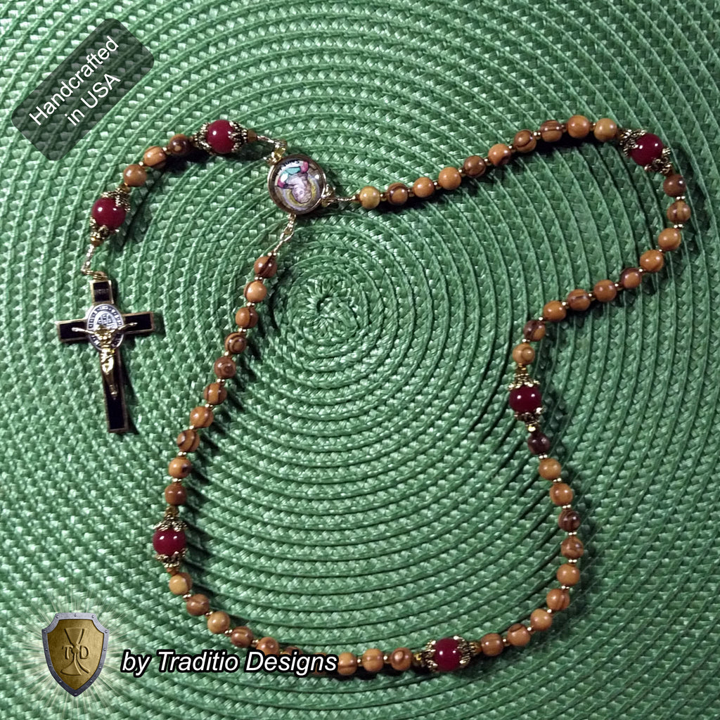 St. John the Evangelist Limited Edition Classic Relic Rosary | 18K Gold & Bethlehem Olive Wood | Burns, Epilepsy & Protection | Ruby Red Jade | 3rd Class Relic