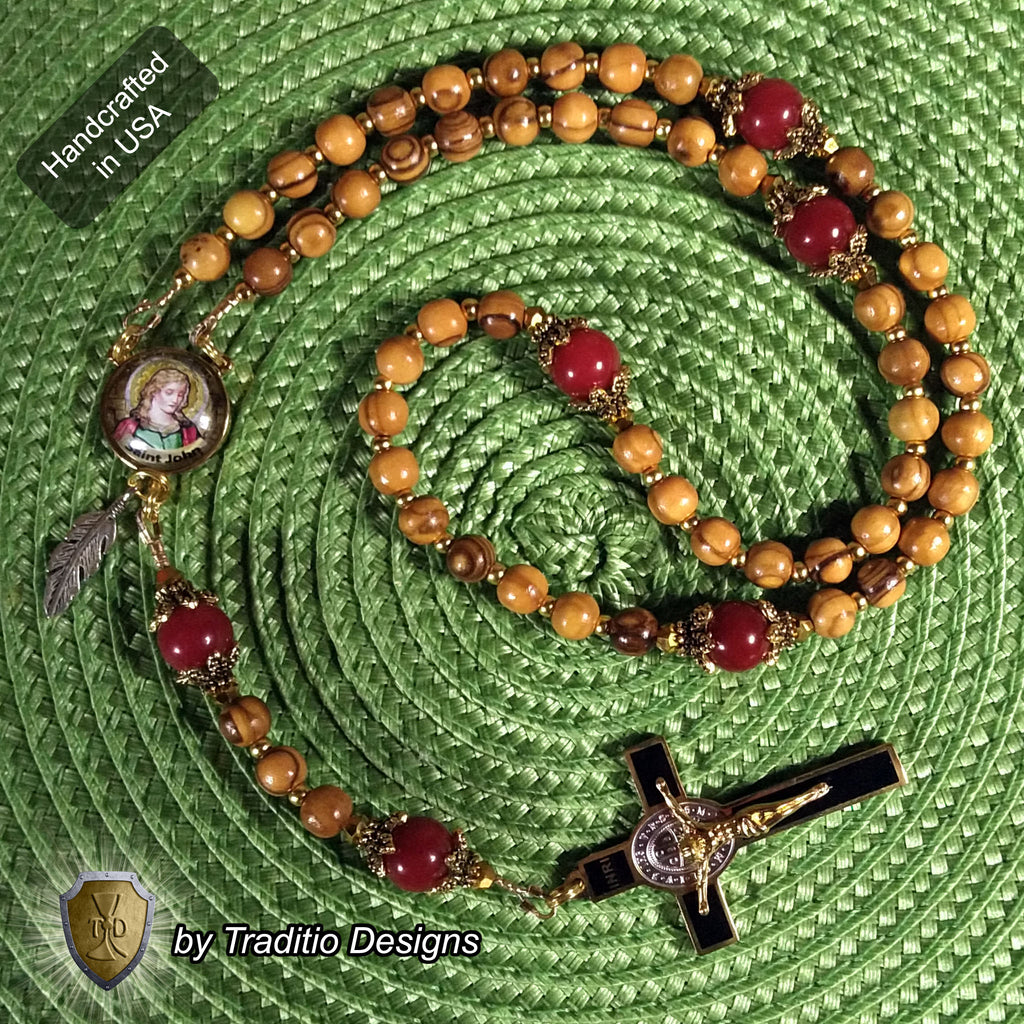 St. John the Evangelist Limited Edition Classic Relic Rosary | 18K Gold & Bethlehem Olive Wood | Burns, Epilepsy & Protection | Ruby Red Jade | 3rd Class Relic