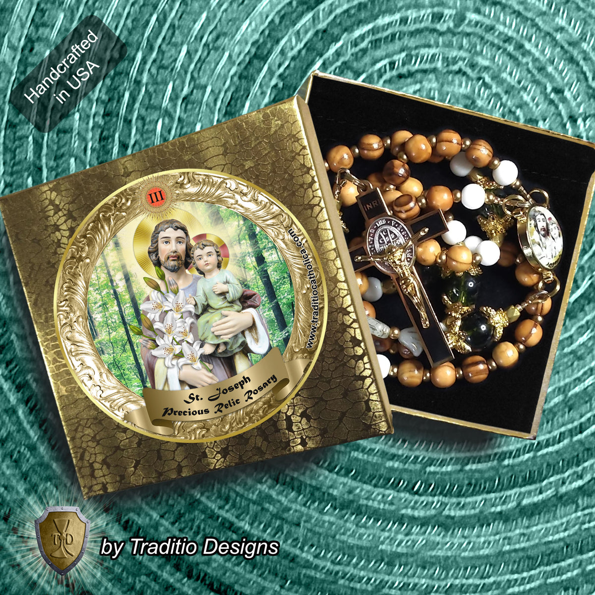 St. Joseph Limited Edition Classic Relic Rosary | Families, Carpenters, Married Couples, Laborers & House Seekers | 18K Gold & Bethlehem Olive Wood | Peridot Crystal | 3rd Class Relic
