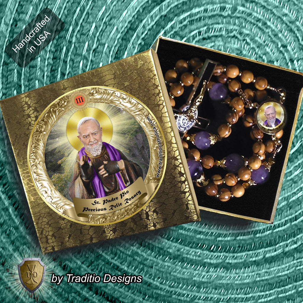 St. Padre Pio Limited Edition Classic Relic Rosary | 18K Gold & Bethlehem Olive Wood | Physical & Mental Healing, Stress Relief & Confessors | Natural Amethyst | 3rd Class Relic