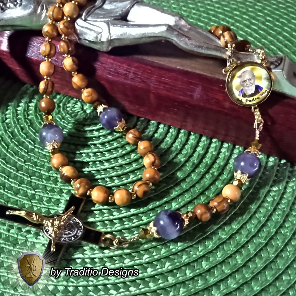St. Padre Pio Limited Edition Classic Relic Rosary | 18K Gold & Bethlehem Olive Wood | Physical & Mental Healing, Stress Relief & Confessors | Natural Amethyst | 3rd Class Relic