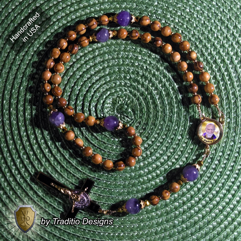 St. Padre Pio Limited Edition Classic Relic Rosary | 18K Gold & Bethlehem Olive Wood | Physical & Mental Healing, Stress Relief & Confessors | Natural Amethyst | 3rd Class Relic