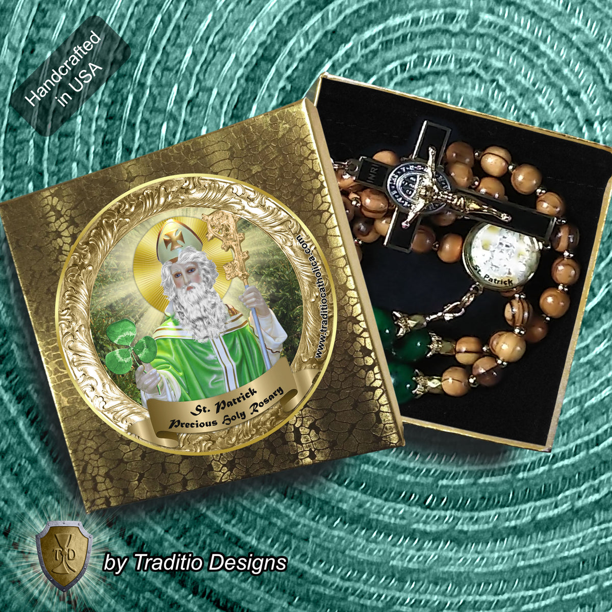St. Patrick Limited Edition Classic Rosary | Protection Against Snakes, Engineers & Paralegals | 18K Gold & Bethlehem Olive Wood | Green Jade