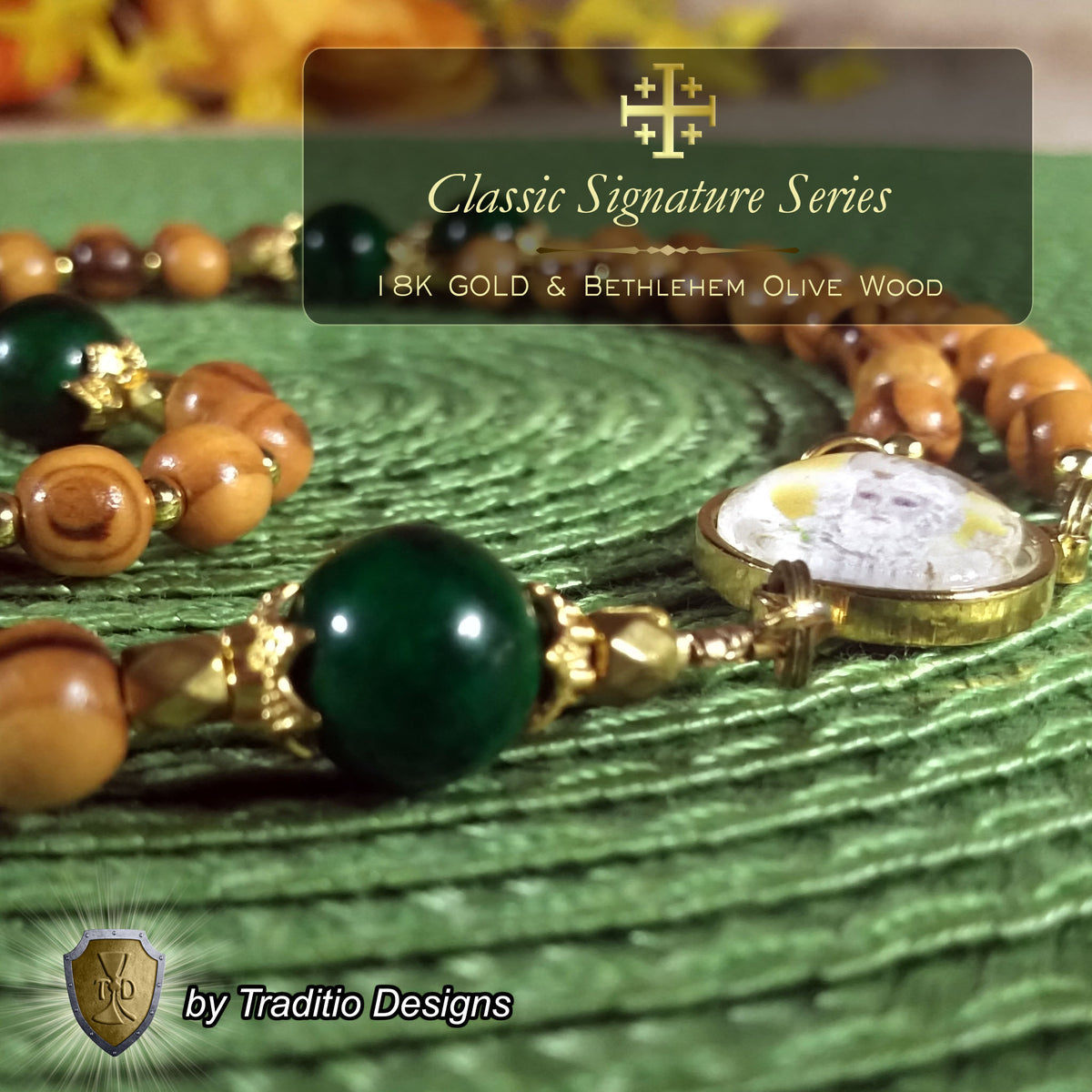 St. Patrick Limited Edition Classic Rosary | Protection Against Snakes, Engineers & Paralegals | 18K Gold & Bethlehem Olive Wood | Green Jade