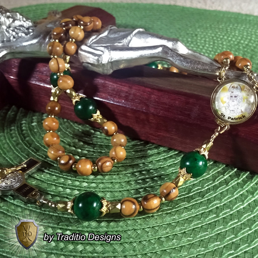 St. Patrick Limited Edition Classic Rosary | Protection Against Snakes, Engineers & Paralegals | 18K Gold & Bethlehem Olive Wood | Green Jade
