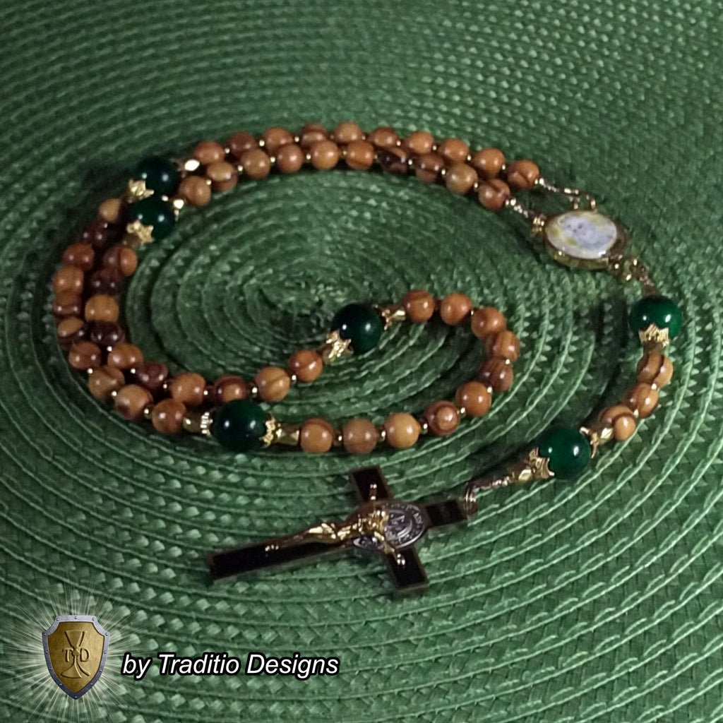 St. Patrick Limited Edition Classic Rosary | Protection Against Snakes, Engineers & Paralegals | 18K Gold & Bethlehem Olive Wood | Green Jade