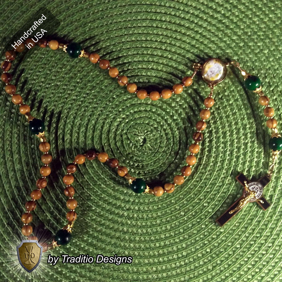 St. Patrick Limited Edition Classic Rosary | Protection Against Snakes, Engineers & Paralegals | 18K Gold & Bethlehem Olive Wood | Green Jade