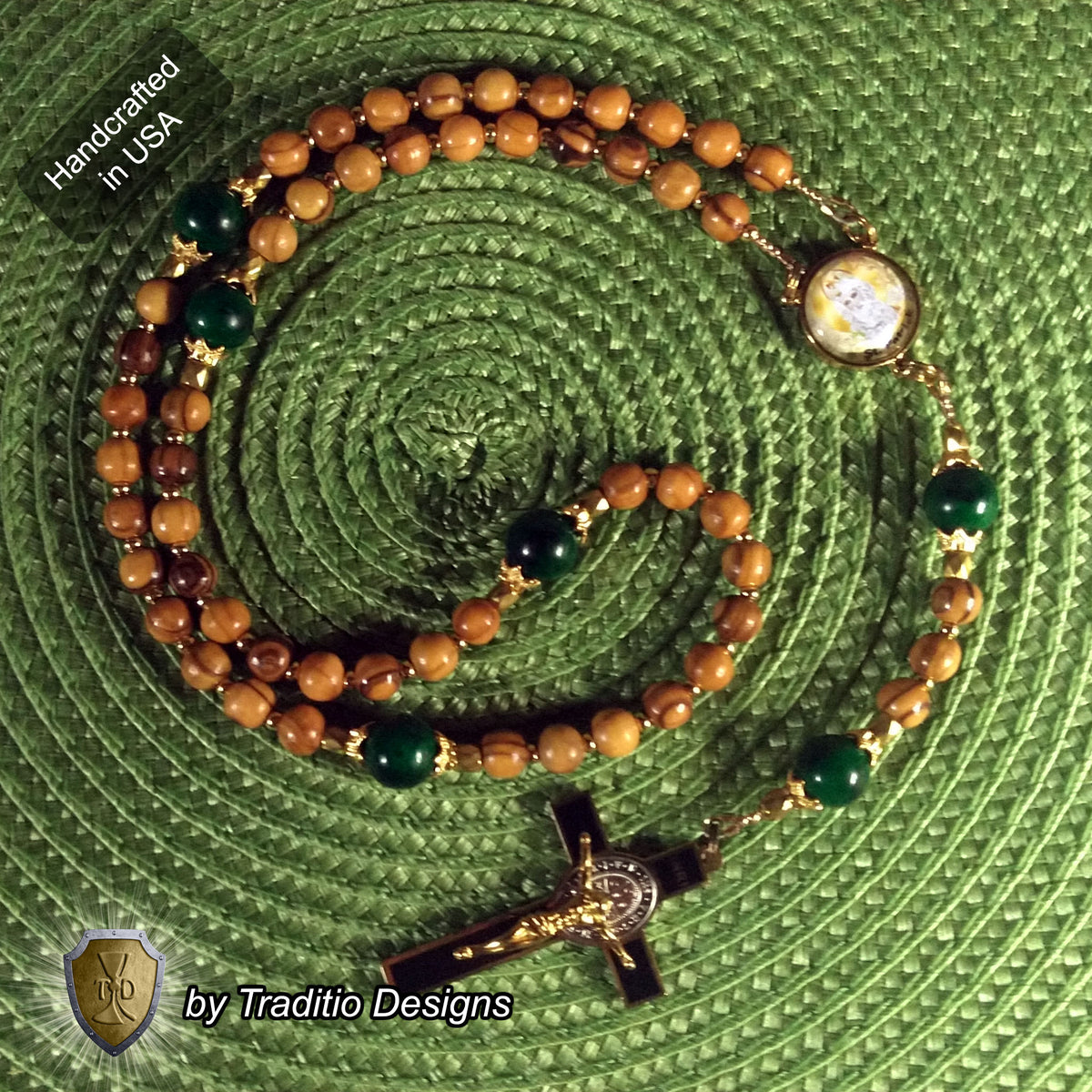 St. Patrick Limited Edition Classic Rosary | Protection Against Snakes, Engineers & Paralegals | 18K Gold & Bethlehem Olive Wood | Green Jade