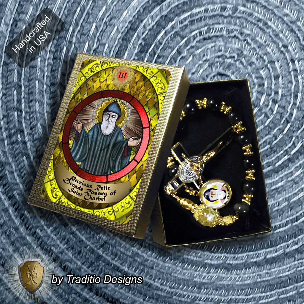 St. Charbel Limited Edition Royal Decade Relic Rosary | General Healing, Miraculous Intercession & Lebanon | 18K Gold | Rainbow Black Obsidian & Yellow Agate | 3rd Class Relic