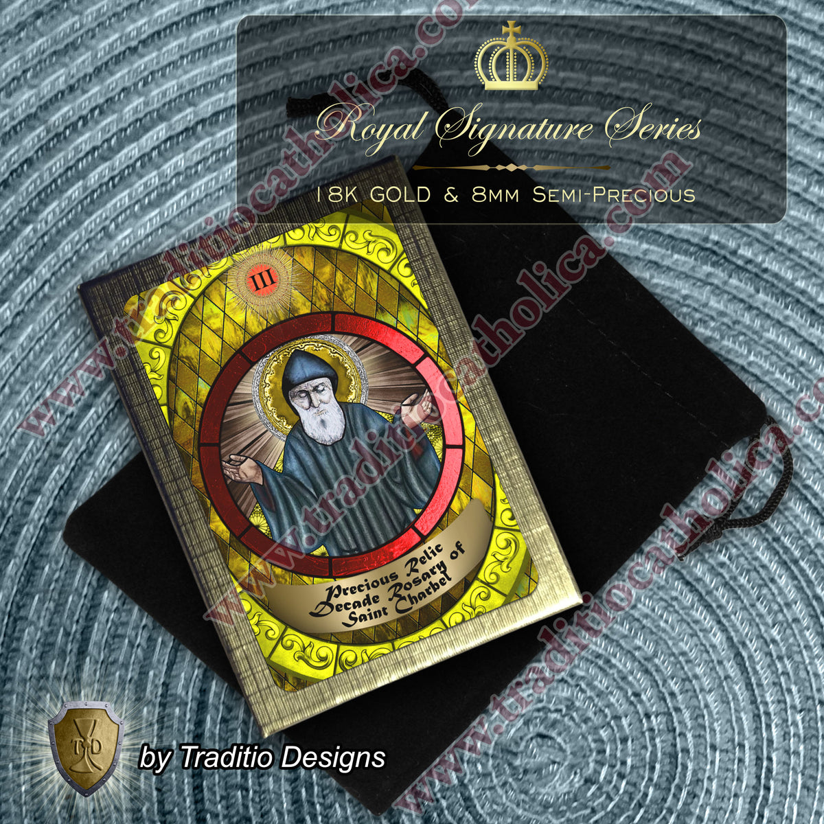 St. Charbel Limited Edition Royal Decade Relic Rosary | General Healing, Miraculous Intercession & Lebanon | 18K Gold | Rainbow Black Obsidian & Yellow Agate | 3rd Class Relic
