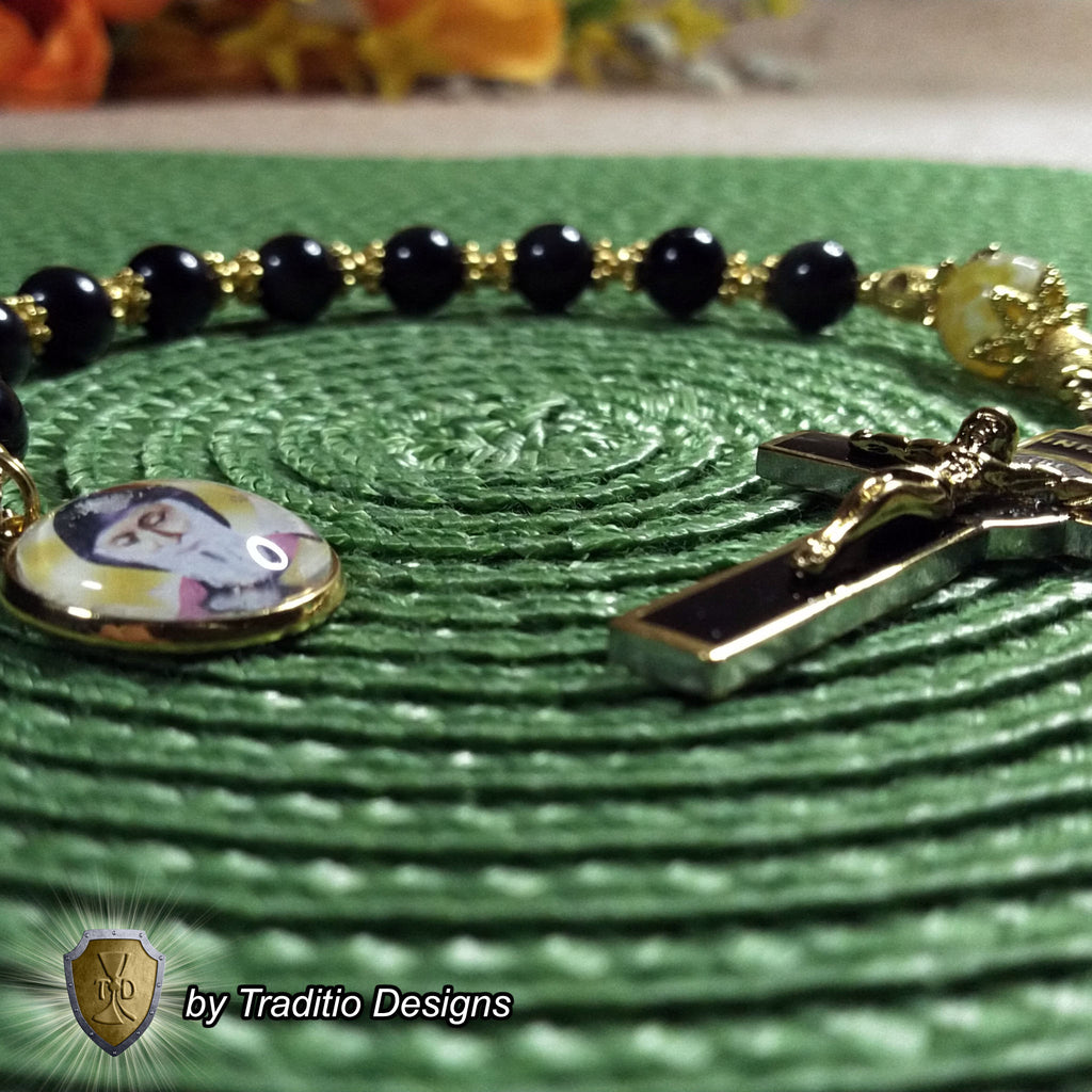 St. Charbel Limited Edition Royal Decade Relic Rosary | General Healing, Miraculous Intercession & Lebanon | 18K Gold | Rainbow Black Obsidian & Yellow Agate | 3rd Class Relic