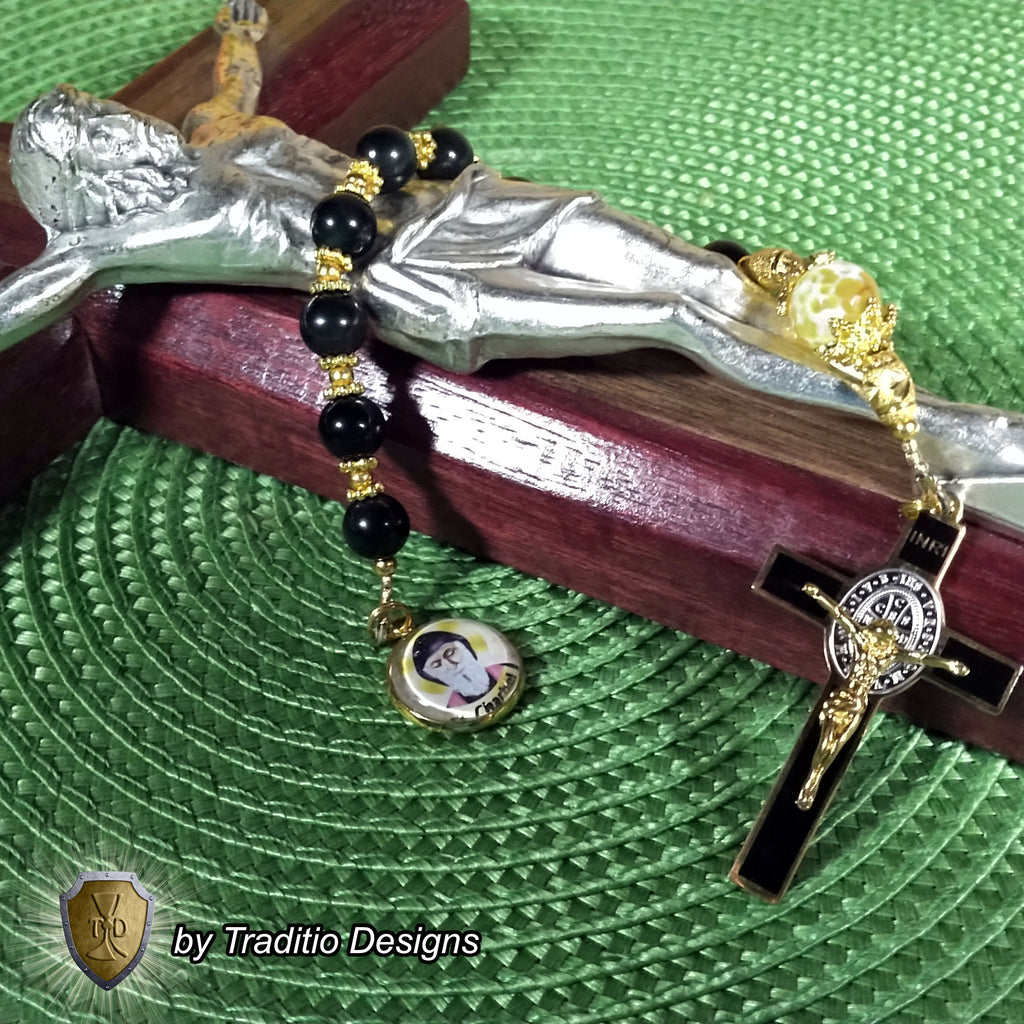 St. Charbel Limited Edition Royal Decade Relic Rosary | General Healing, Miraculous Intercession & Lebanon | 18K Gold | Rainbow Black Obsidian & Yellow Agate | 3rd Class Relic