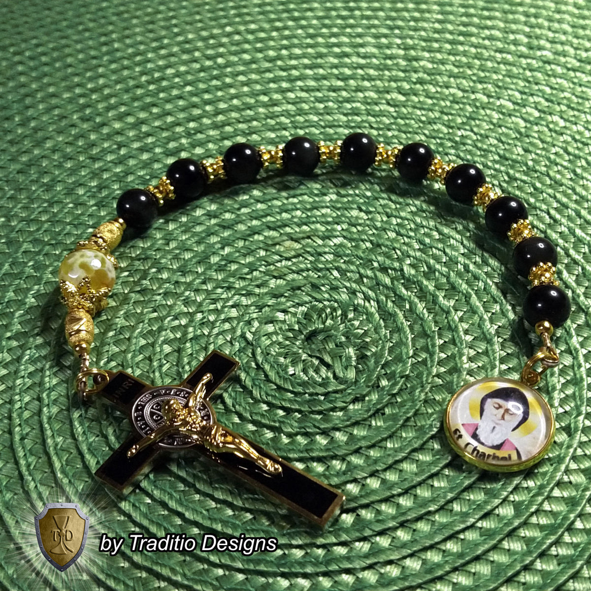 St. Charbel Limited Edition Royal Decade Relic Rosary | General Healing, Miraculous Intercession & Lebanon | 18K Gold | Rainbow Black Obsidian & Yellow Agate | 3rd Class Relic