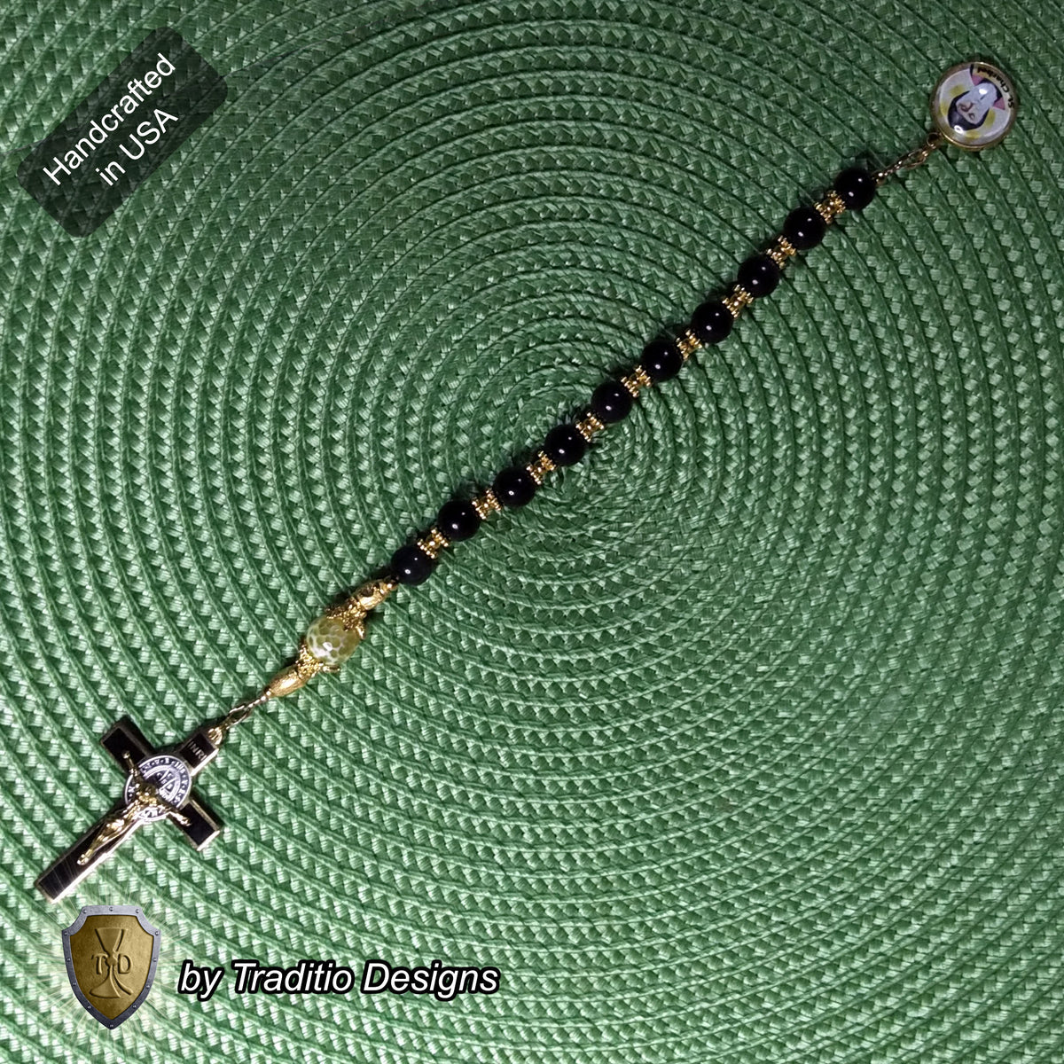 St. Charbel Limited Edition Royal Decade Relic Rosary | General Healing, Miraculous Intercession & Lebanon | 18K Gold | Rainbow Black Obsidian & Yellow Agate | 3rd Class Relic