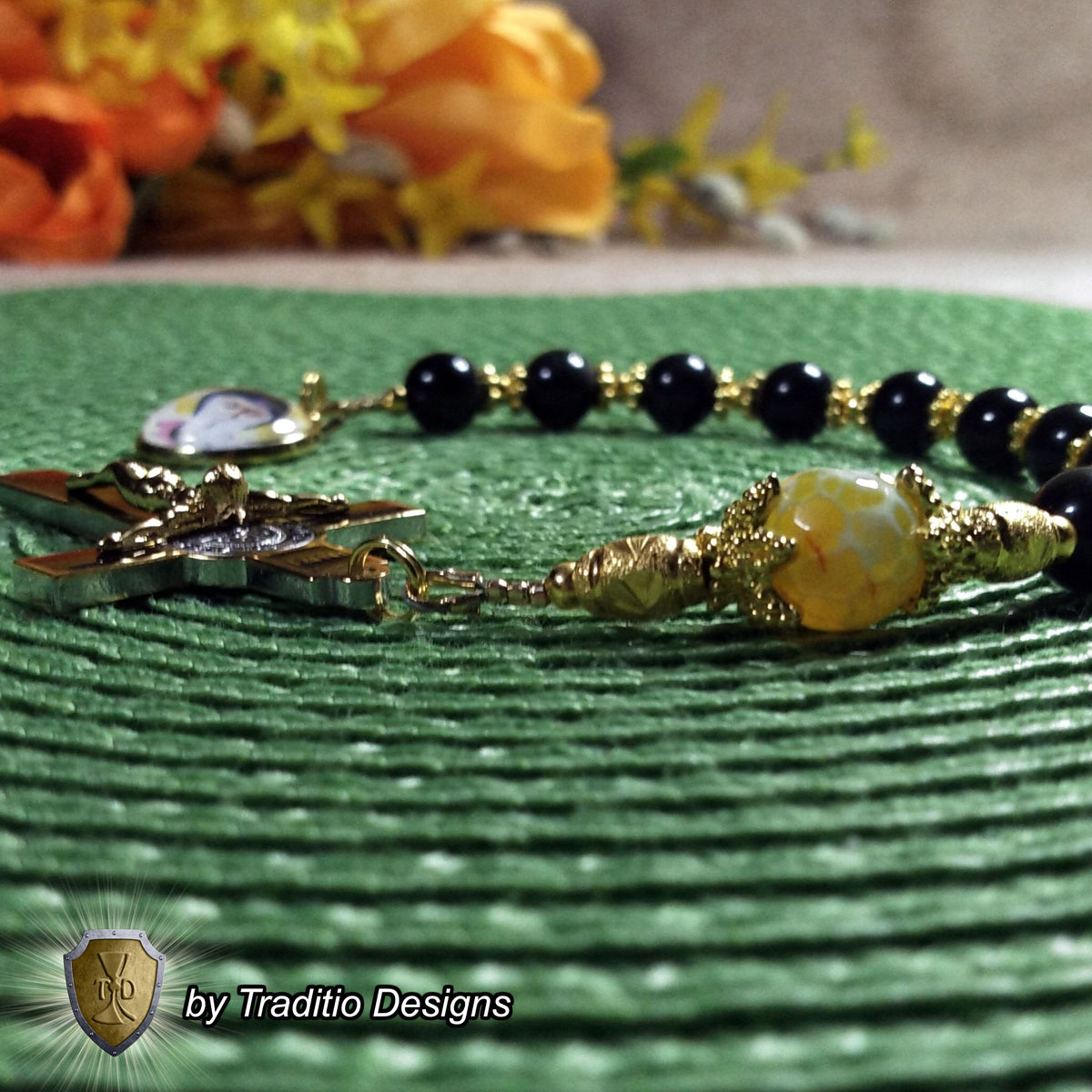 St. Charbel Limited Edition Royal Decade Relic Rosary | General Healing, Miraculous Intercession & Lebanon | 18K Gold | Rainbow Black Obsidian & Yellow Agate | 3rd Class Relic