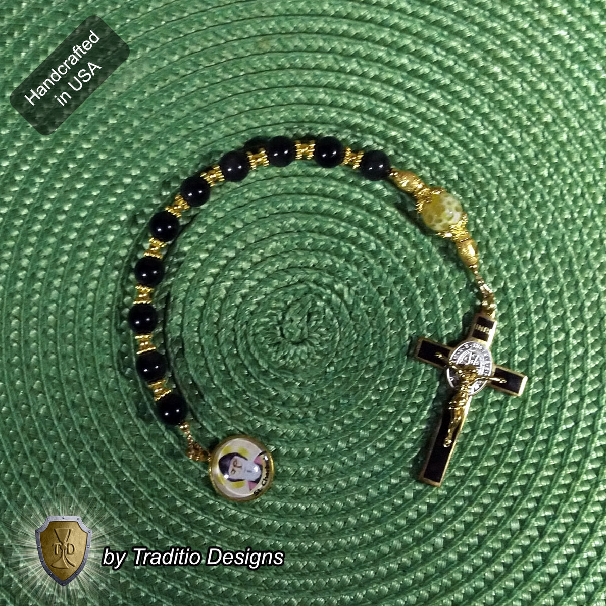St. Charbel Limited Edition Royal Decade Relic Rosary | General Healing, Miraculous Intercession & Lebanon | 18K Gold | Rainbow Black Obsidian & Yellow Agate | 3rd Class Relic