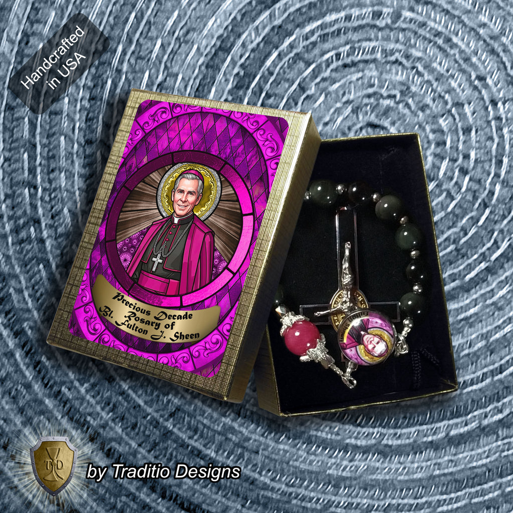 Bl. Fulton J. Sheen Limited Edition Royal Decade Rosary | Infant Health, Heart Relief & Broadcasters | 18K Gold & Onyx Black Gold | Black Obsidian & Red Jade