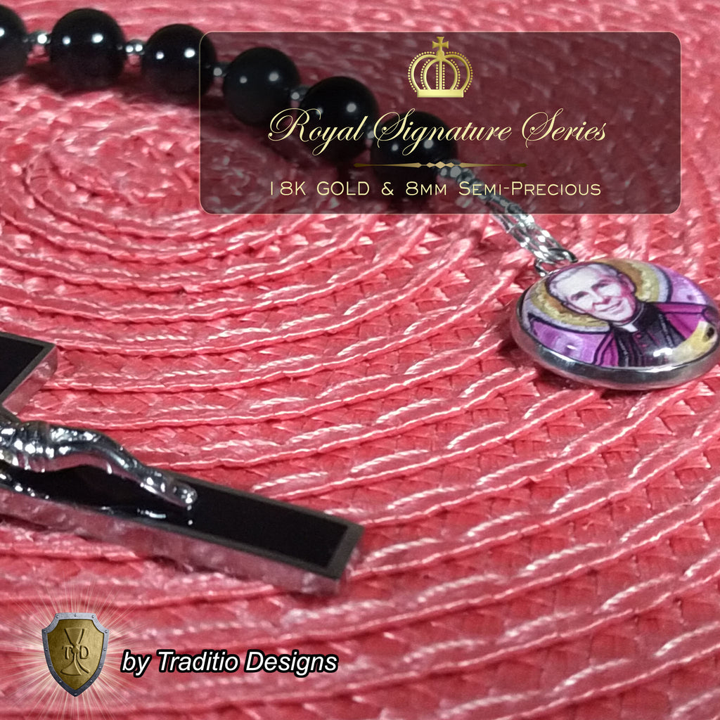 Bl. Fulton J. Sheen Limited Edition Royal Decade Rosary | Infant Health, Heart Relief & Broadcasters | 18K Gold & Onyx Black Gold | Black Obsidian & Red Jade