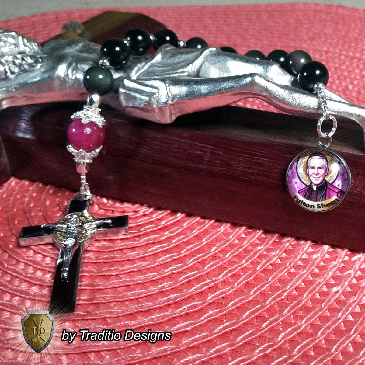 Bl. Fulton J. Sheen Limited Edition Royal Decade Rosary | Infant Health, Heart Relief & Broadcasters | 18K Gold & Onyx Black Gold | Black Obsidian & Red Jade