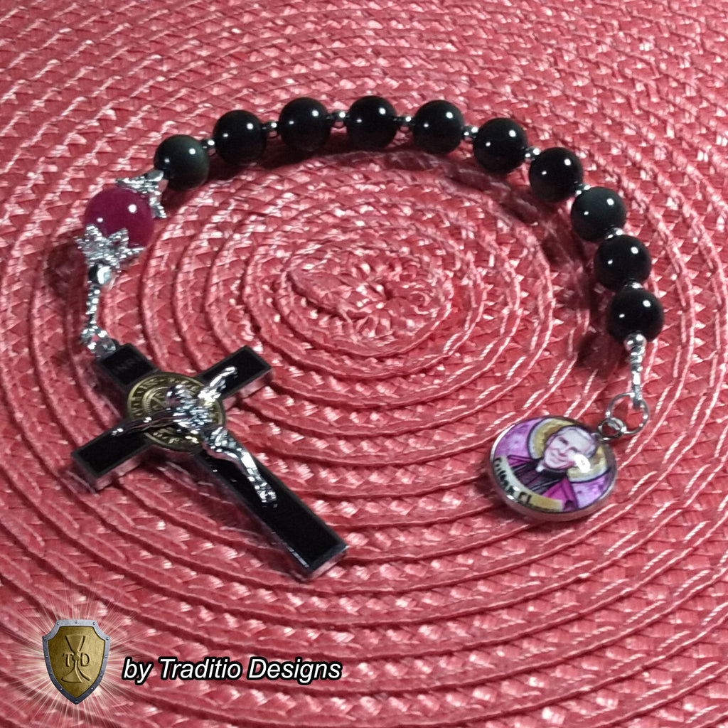 Bl. Fulton J. Sheen Limited Edition Royal Decade Rosary | Infant Health, Heart Relief & Broadcasters | 18K Gold & Onyx Black Gold | Black Obsidian & Red Jade