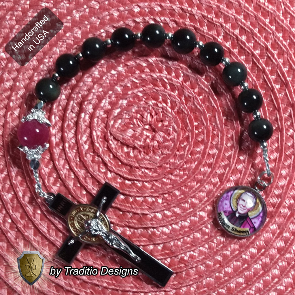 Bl. Fulton J. Sheen Limited Edition Royal Decade Rosary | Infant Health, Heart Relief & Broadcasters | 18K Gold & Onyx Black Gold | Black Obsidian & Red Jade