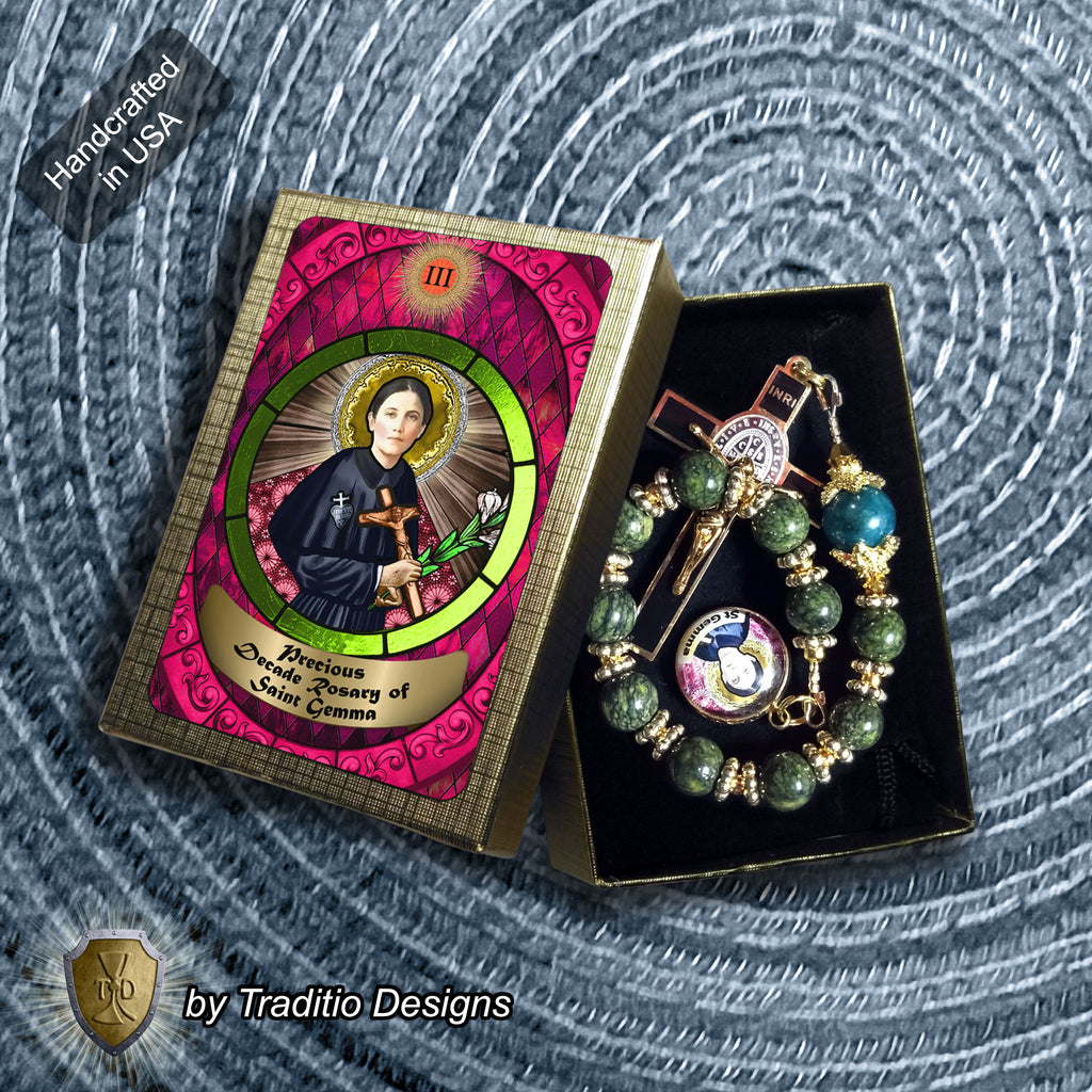 St. Gemma Galgani Limited Edition Decade Relic Rosary | 18K Gold | Green Snowflake Obsidian & Amazonite | 3rd Class Relic