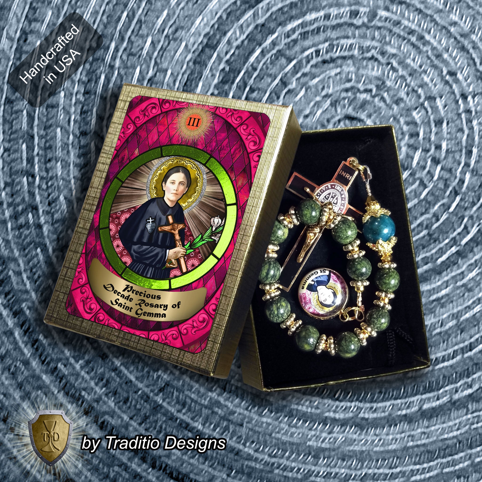 St. Gemma Galgani Limited Edition Decade Relic Rosary | 18K Gold | Green Snowflake Obsidian & Amazonite | 3rd Class Relic