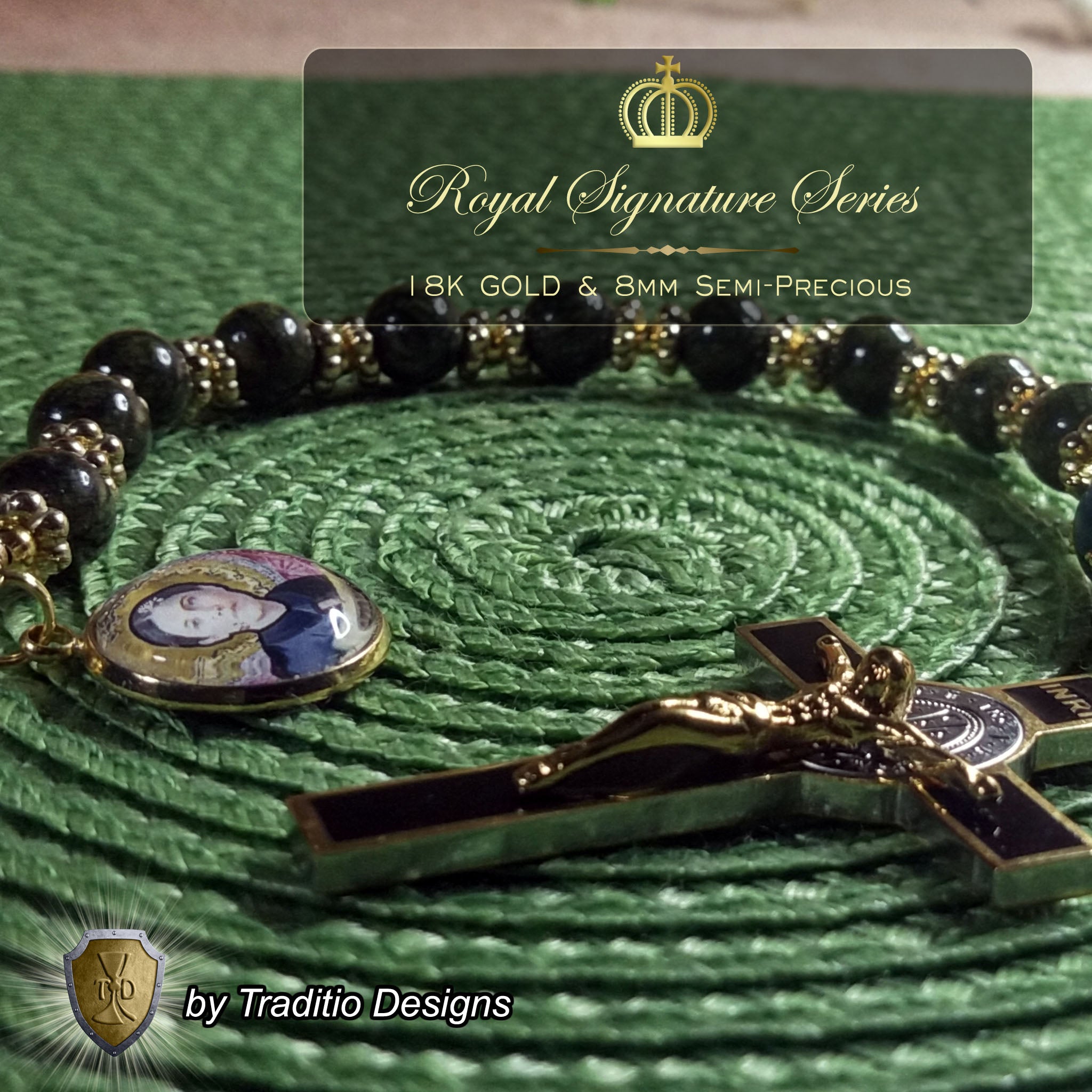 St. Gemma Galgani Limited Edition Decade Relic Rosary | 18K Gold | Green Snowflake Obsidian & Amazonite | 3rd Class Relic
